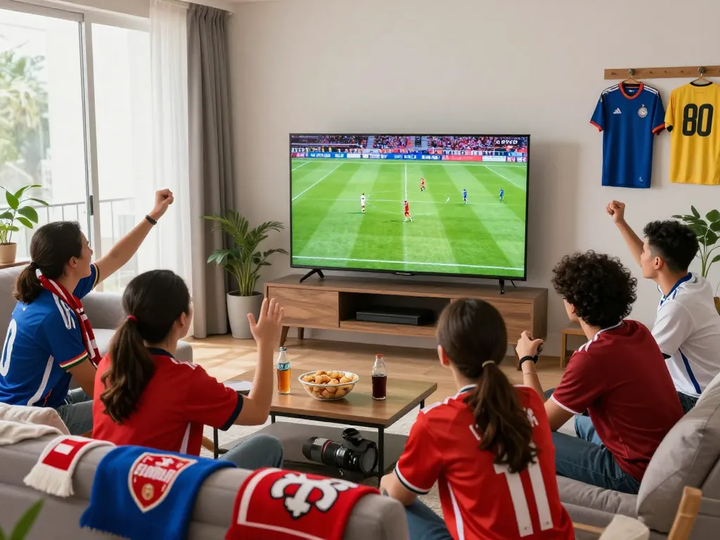 Fans enjoying trực tiếp socolive broadcast of a football match in a lively living room.