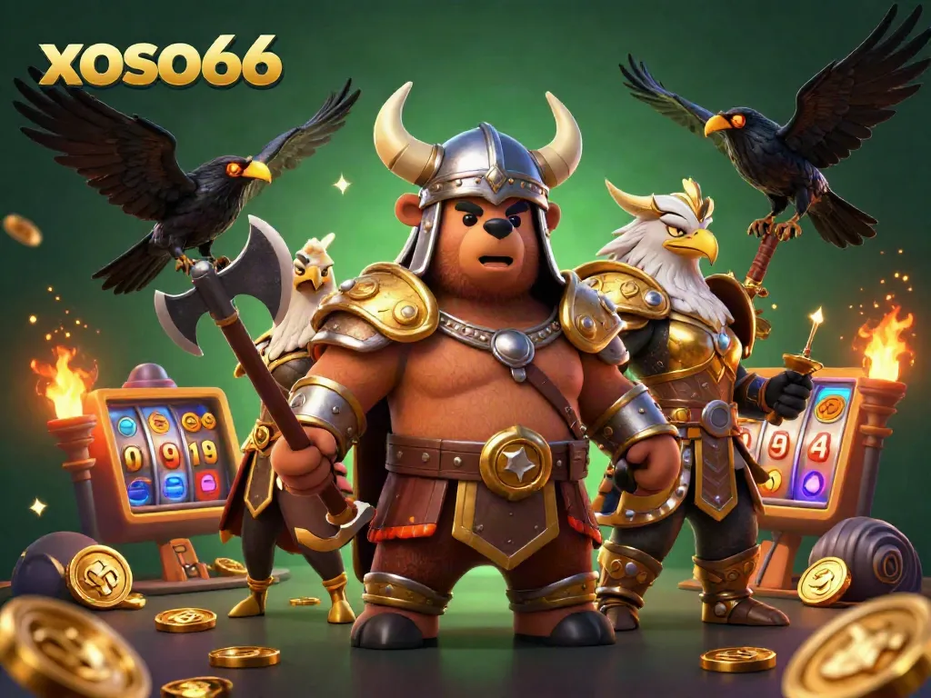 Engage with thrilling gameplay on xoso66, featuring a Viking bear, Valkyrie eagle, and dazzling slots.