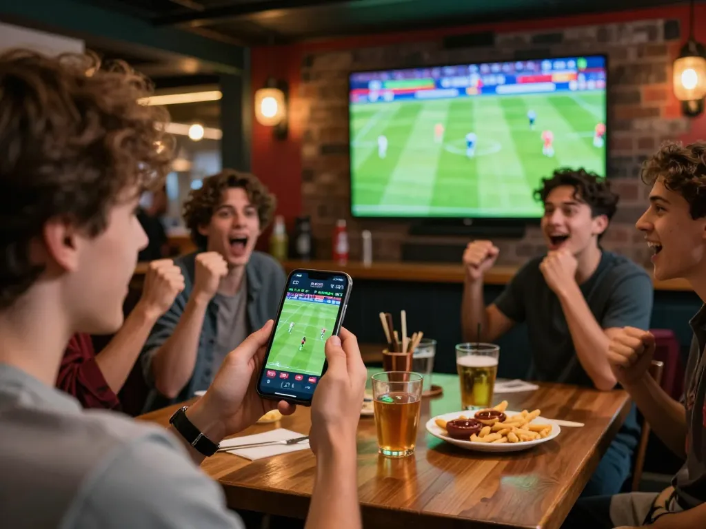 Kuwin user actively placing live bets on a smartphone while enjoying a football match in a lively sports bar atmosphere