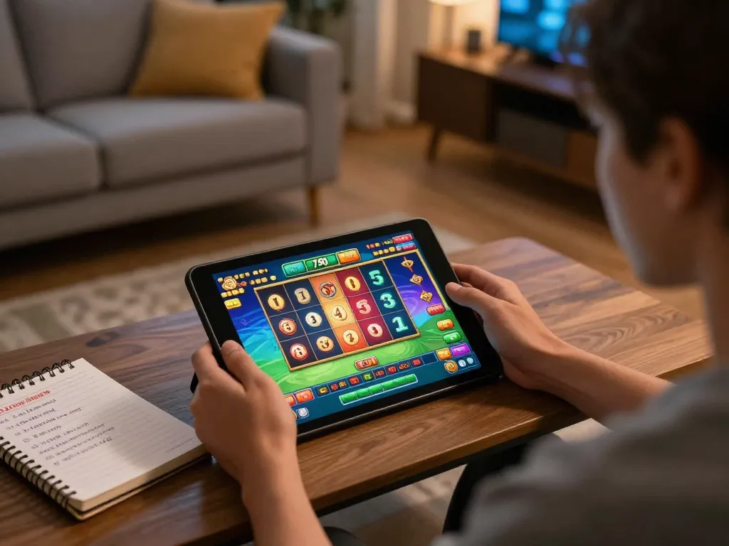 Person playing 789f casino game on tablet at home, showcasing an engaging online gambling scene.