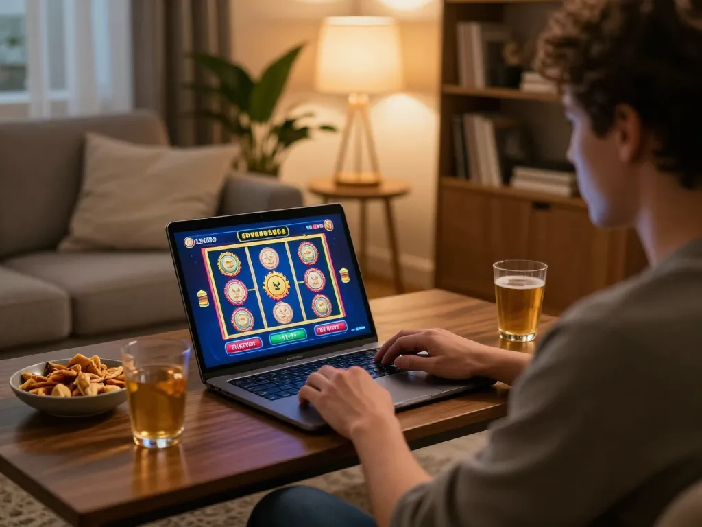 Pemain menikmati permainan slot dalam talian di platform 100 cuci dalam suasana rumah yang selesa