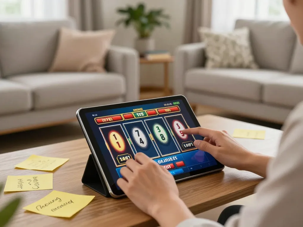 Engaging gameplay on Nk88 trang chủ with online slots displayed on a tablet in a cozy living room setting.