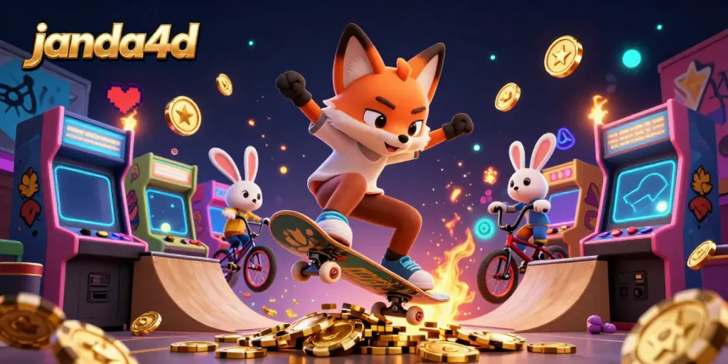janda4d menampilkan ilustrasi 3D kasino dengan karakter dan elemen permainan yang dinamis