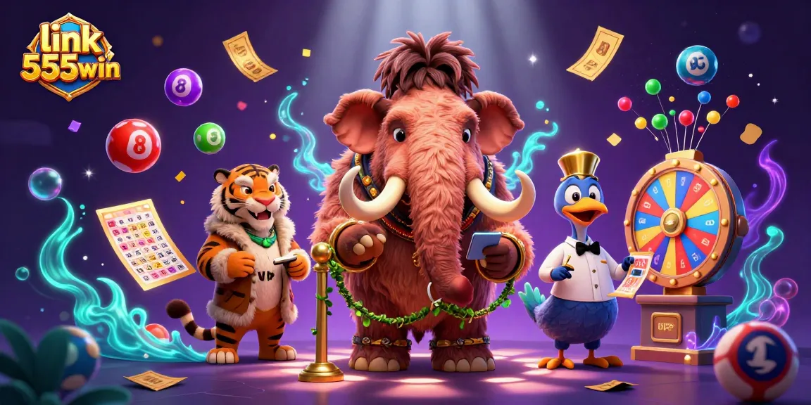 Experience the excitement of link 555win with dynamic lottery elements and casino characters in a vibrant setting.