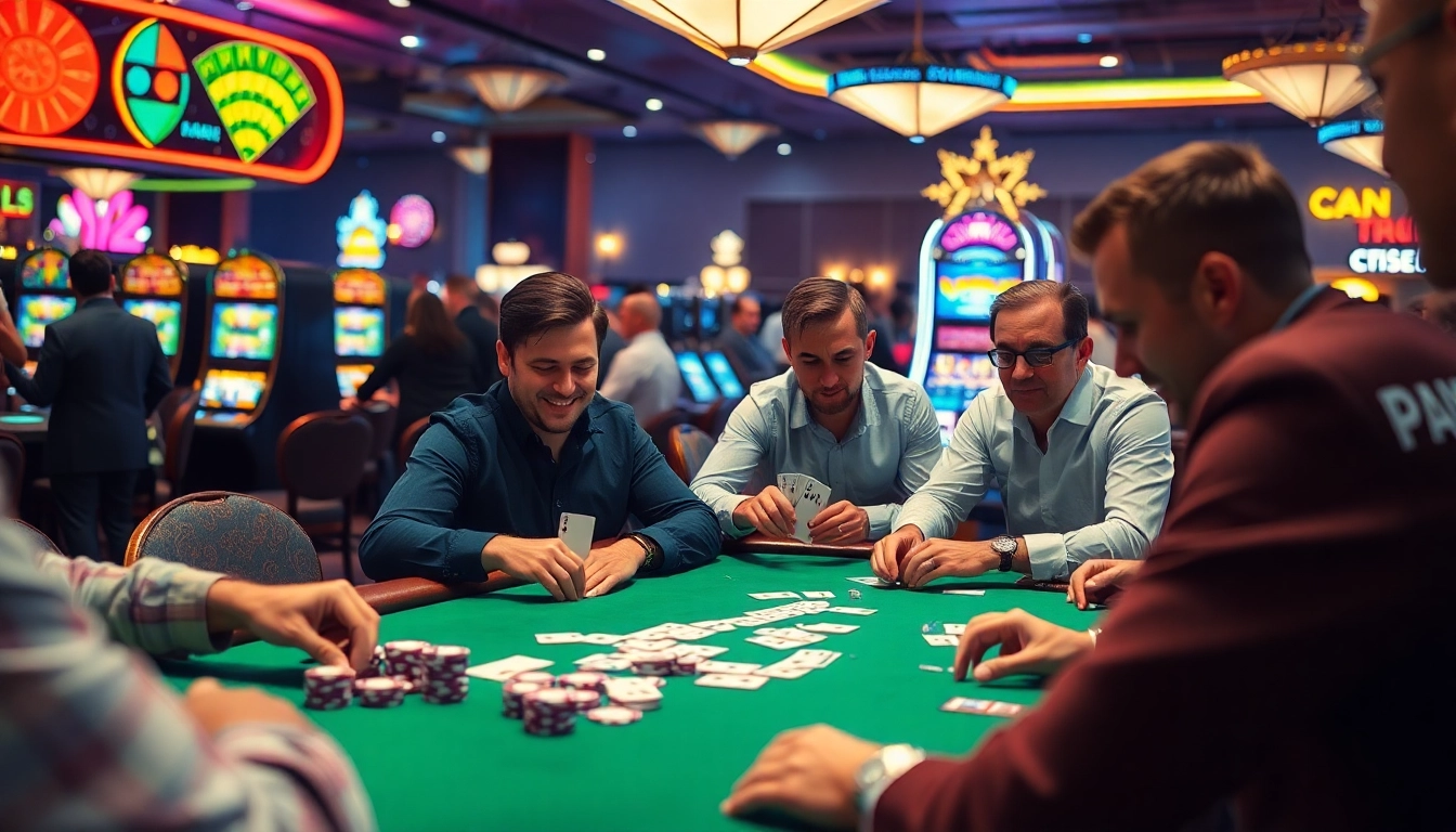 Capture the excitement of AT99 at a lively casino poker game with focused players and glowing lights.