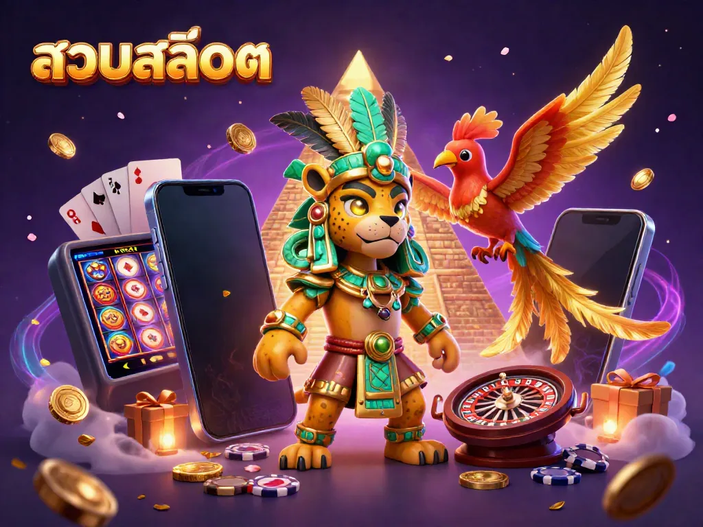Experience the excitement of รวมสล็อต with vibrant slot games and dynamic casino elements in a rich, detailed scene.