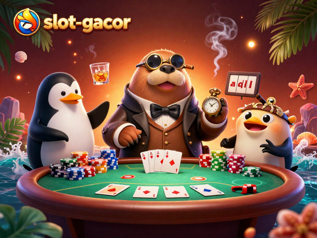 Experience thrilling action at slot-gacor with a lively 3D scene of a jolly walrus, penguin dealer, and bluffing pufferfish.