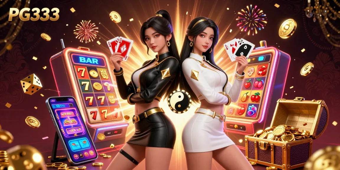Engage in thrilling PG333 gaming with twin players showcasing cards and dynamic casino elements.