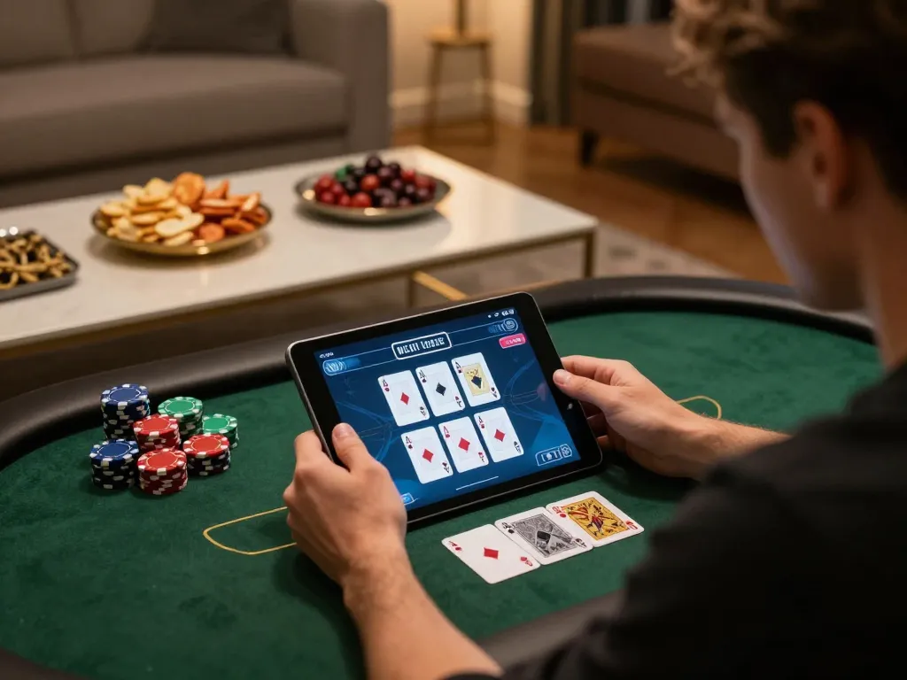 Nohu90 player strategizing in a cozy home setup during an online poker game.