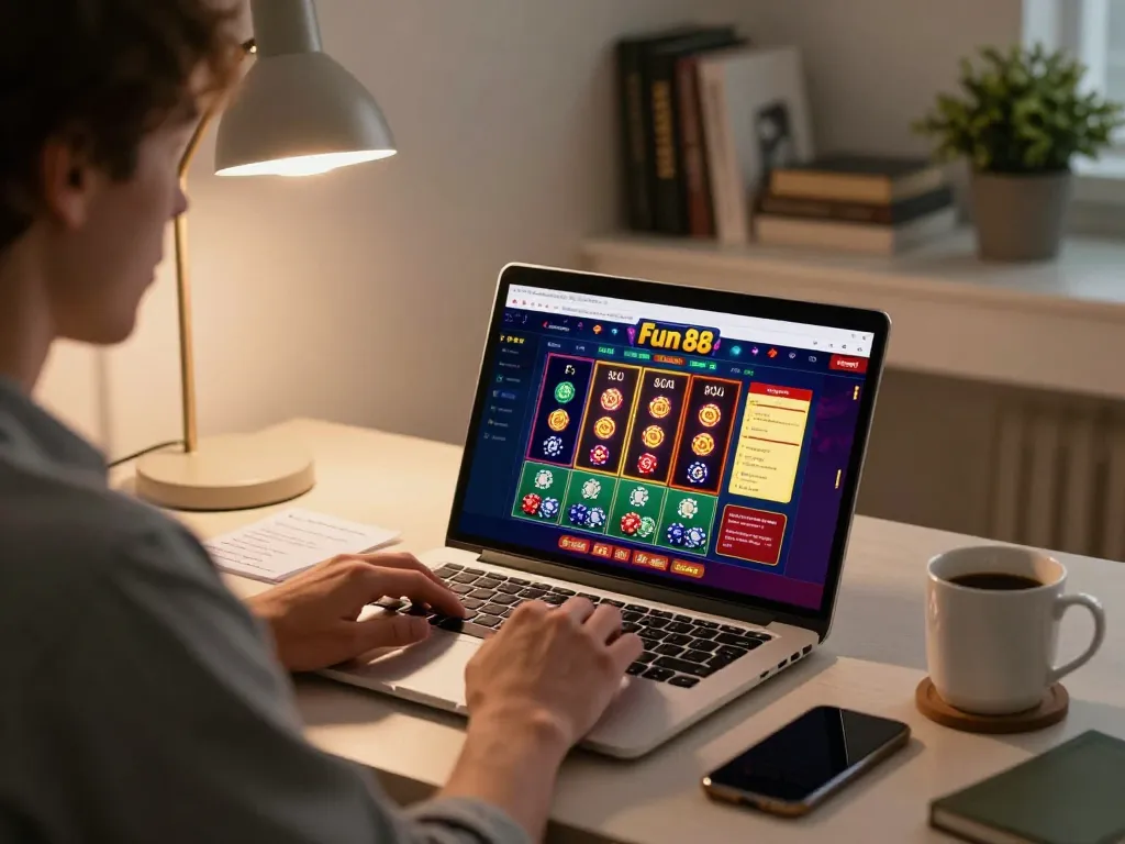 Player enjoying a dynamic Fun 88 online casino game on a laptop, surrounded by strategic betting notes.