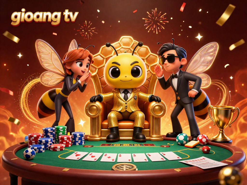 Engage with sports betting excitement through giovang tv's unique betting scenes showcasing colorful poker elements and dynamic characters.