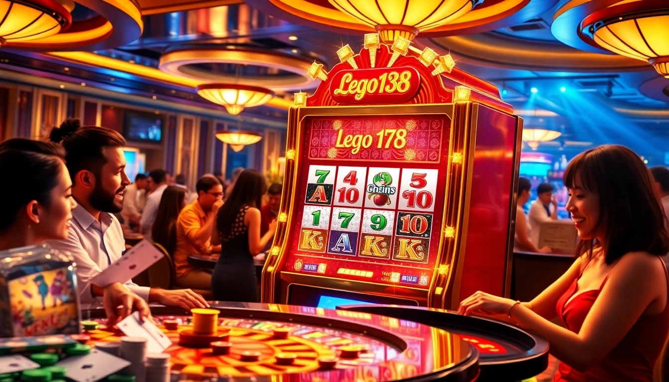 Lego138 players experiencing high RTP excitement at a vibrant casino slot machine.