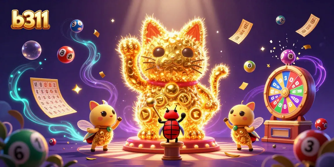 Visualize a sorte no b311 com o gato da sorte entre bilhetes dourados e bolas de loteria vibrantes.