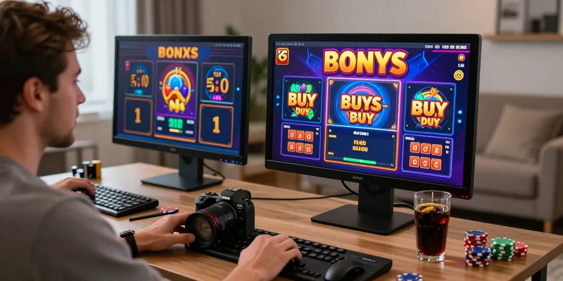 Player enjoying bonus buy slots on modern gaming setup, vibrant graphics and atmosphere.