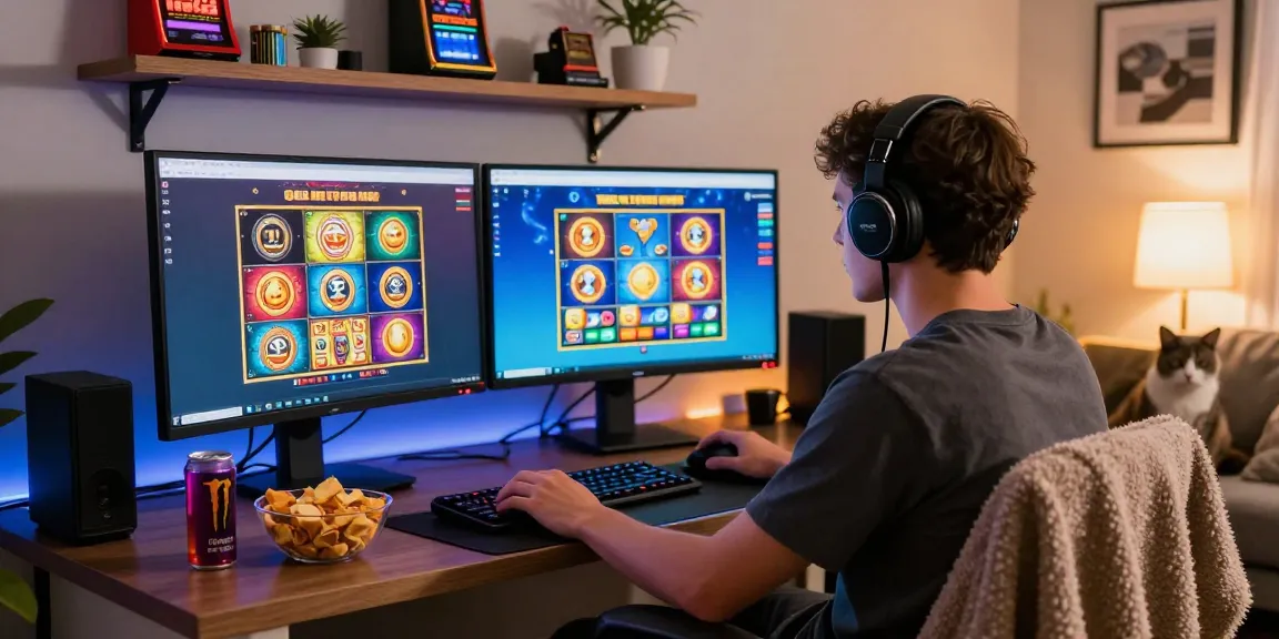 Player exploring new online slot sites in cozy gaming setup with screens and snacks