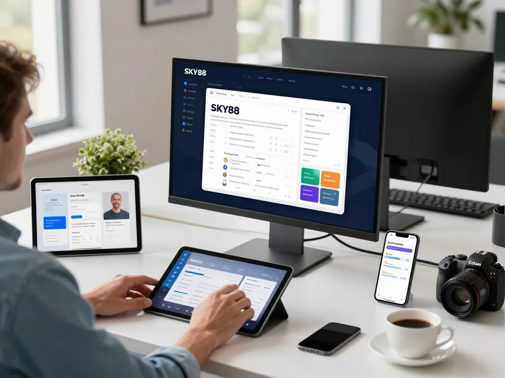 Professional exploring SKY88’s user-friendly platform in a bright office.
