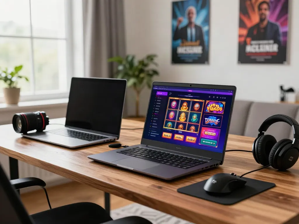 A user engaged with the akunjp online gambling platform on a vibrant home office setup.