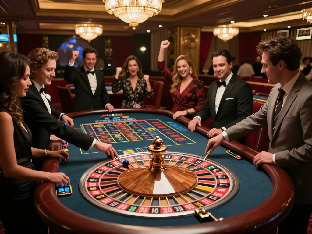 uk88s players placing bets on a lively roulette table in a luxurious casino atmosphere