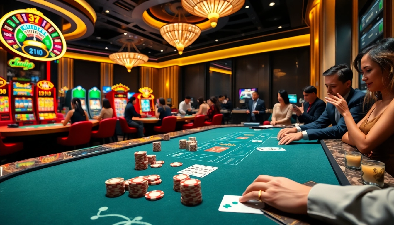 Engaging scene illustrating Lô Đề Trực Tuyến with excited players at a vibrant poker table.