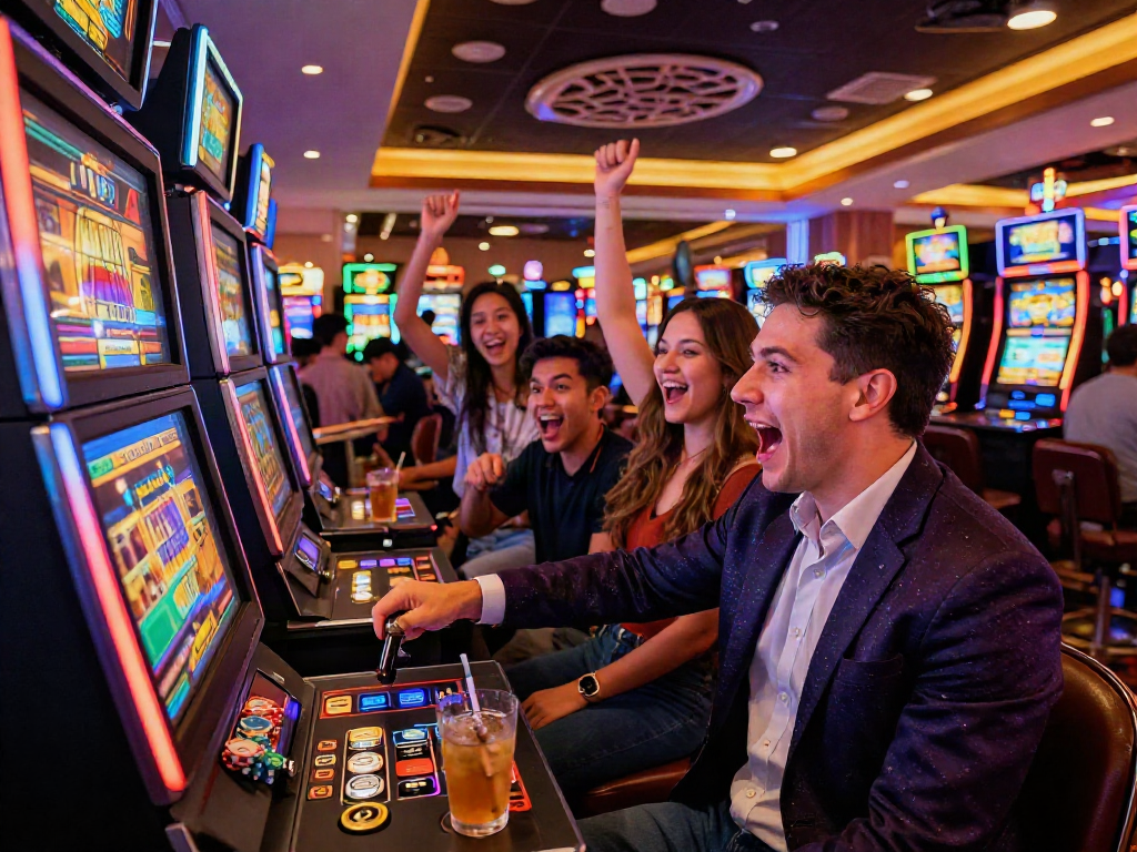slot gacor excitement with lively players cheering at a colorful casino slot machine