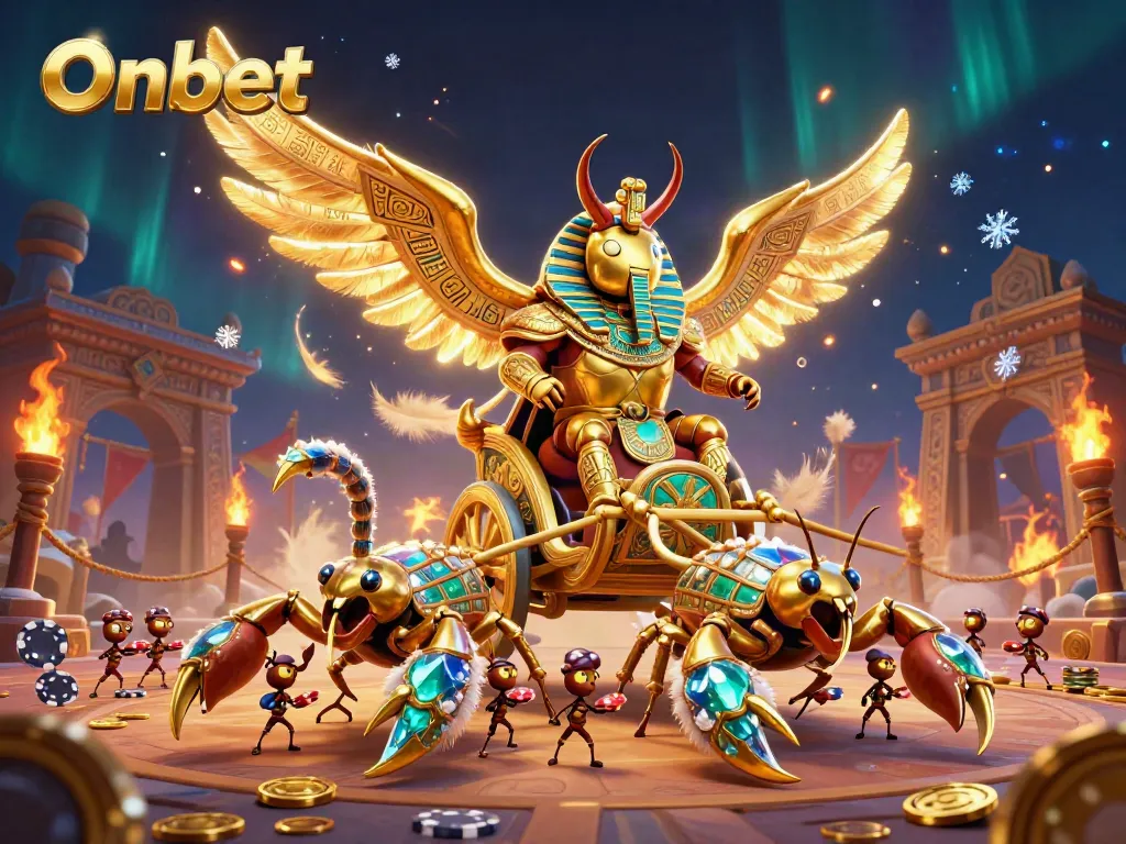 Onbet reveals a vibrant scene with a colossal scarab beetle and scorpions in a casino setting.