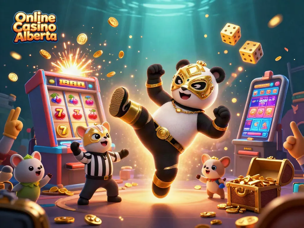 Engage at Online Casino Alberta with a dynamic scene featuring a panda wrestler, exciting games, and vibrant energy.
