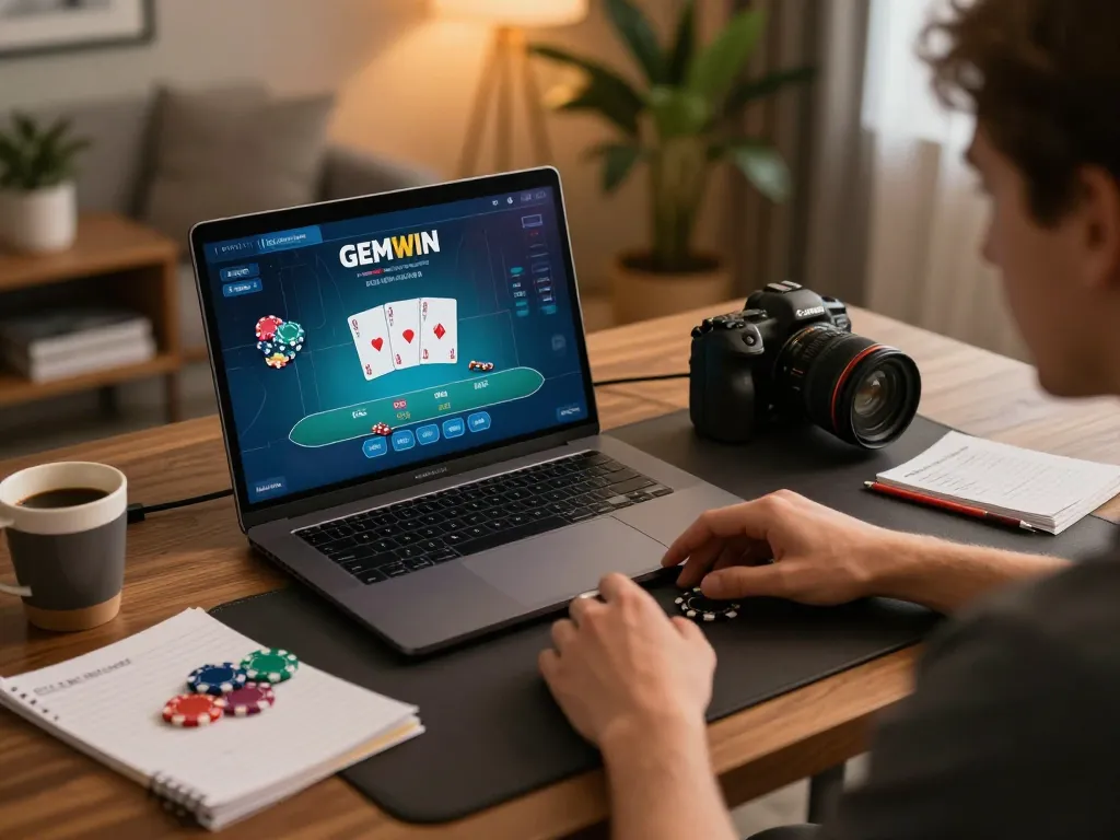 Experience GEMWIN online poker gaming with cozy home setup showcasing strategic gameplay.