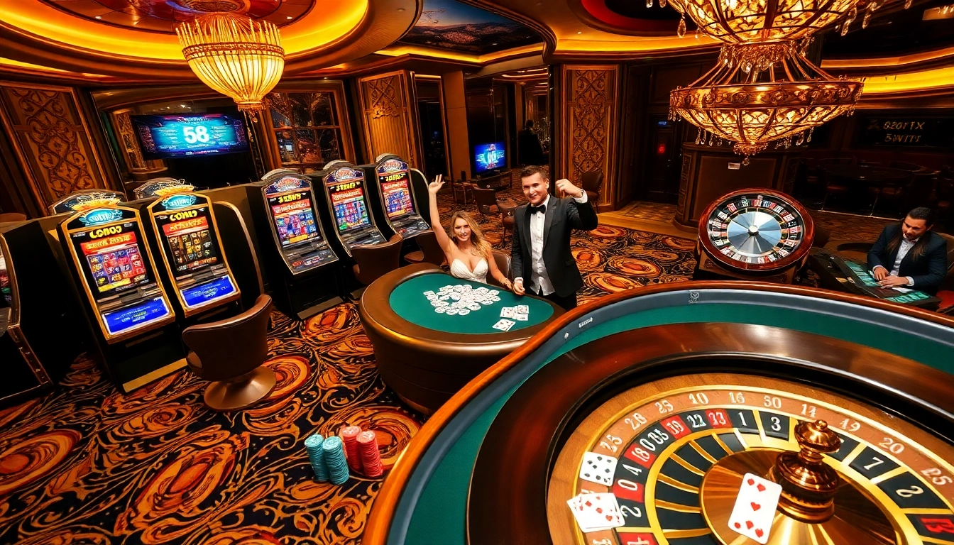 A lively casino atmosphere at 58win, featuring vibrant slot machines and players enjoying poker games.