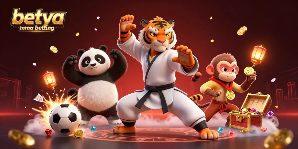 Betya MMA betting athletes celebrate exciting wins with sports trophies and betting slips in a vibrant 3D illustration.