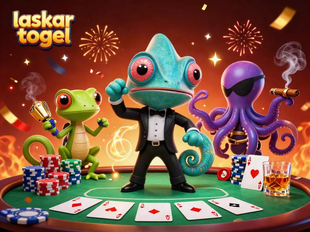 Engage in thrilling gameplay with laskar togel in this energetic 3D casino illustration featuring vibrant characters and poker elements.