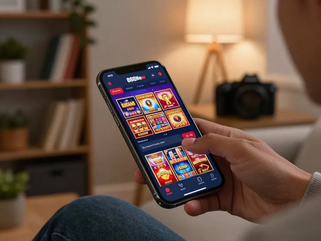 Engaging gameplay on 888New mobile app, showcasing vibrant casino games in a cozy home setting