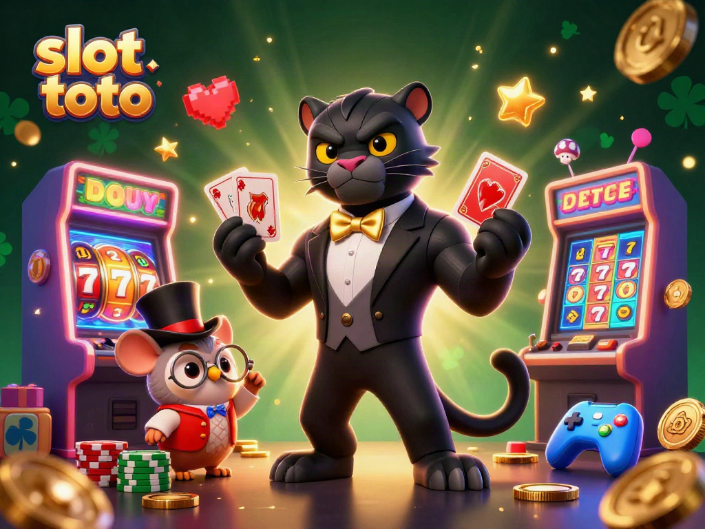 Engage in thrilling slot toto gaming with stylish cartoon characters dealing cards and betting chips.