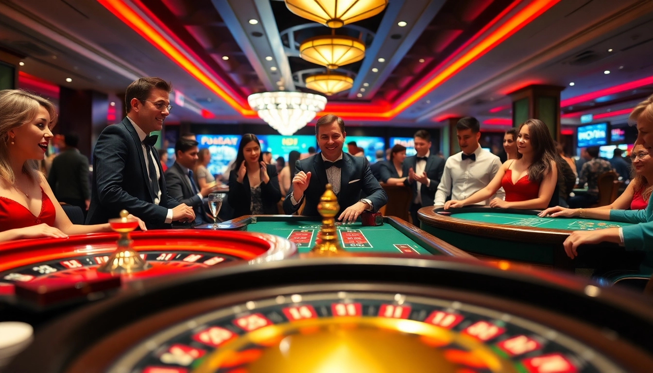 Spannende Szenen beim casino spielen in einem lebhaften Casino mit Roulette und Pokertischen.