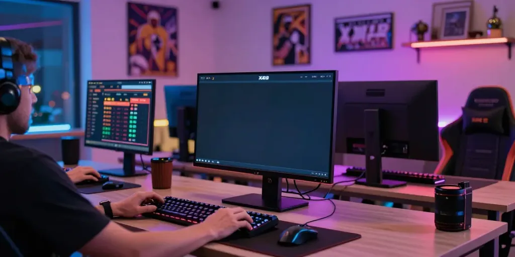 Player engaging with XX88 gaming platform surrounded by vibrant lights and sports decor