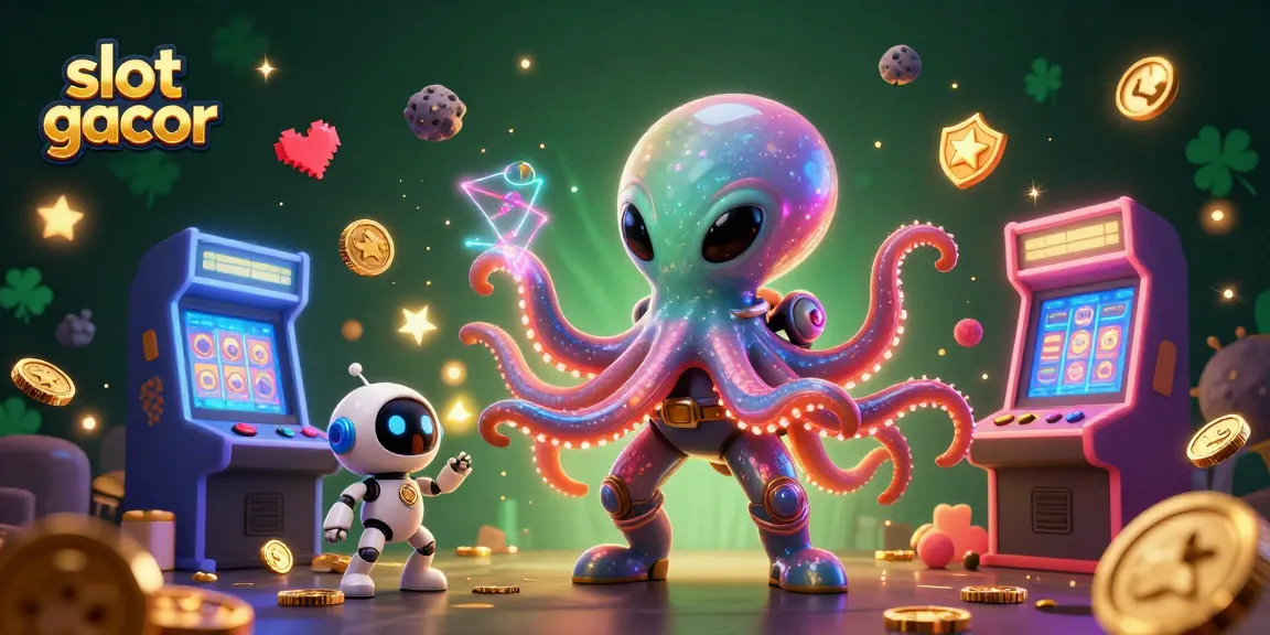 Experience the thrill of slot gacor with an alien octopus at a vibrant holographic slot machine.