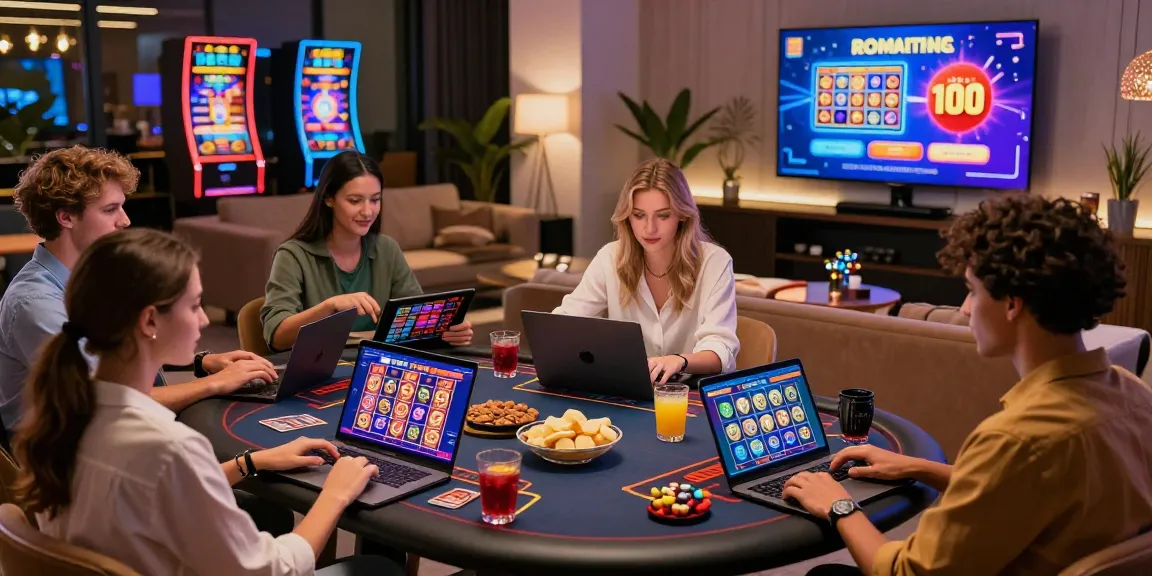 Group of friends enjoying games at european online casinos with vibrant decor and promotions.