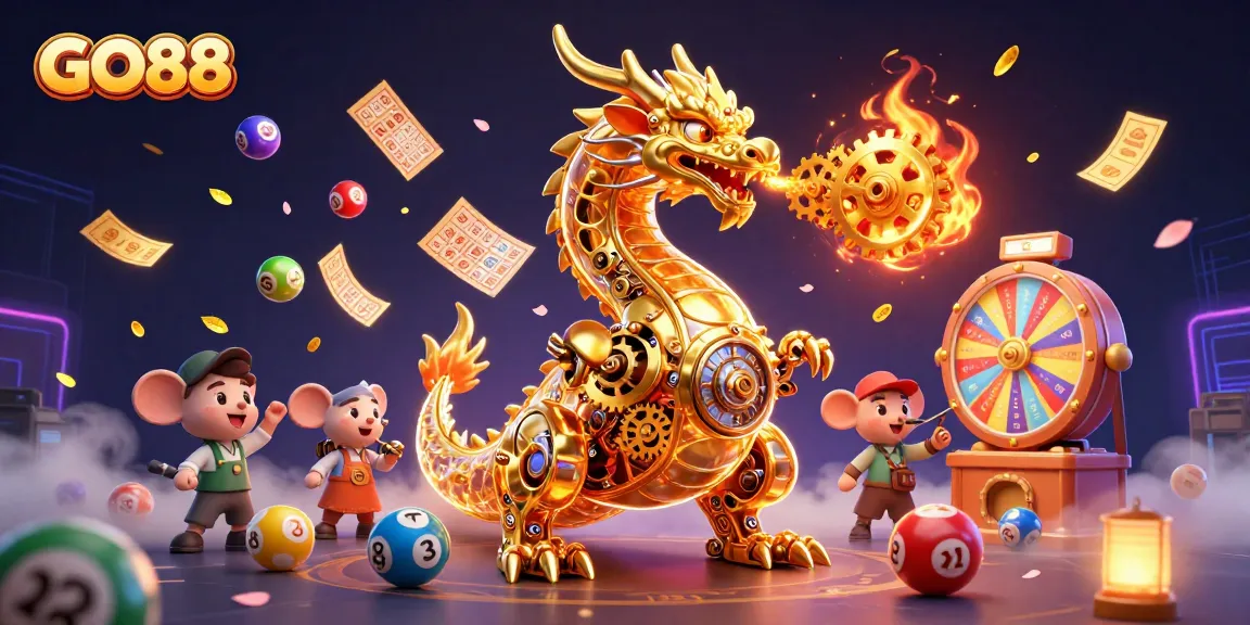 GO88 showcases a vibrant scene with a golden dragon, colorful lottery balls, and dynamic casino elements.