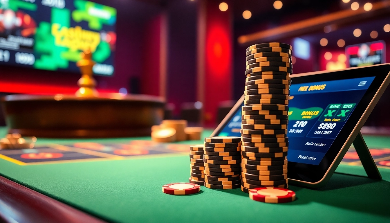 Experience exciting gaming with bonus new member promotions at a vibrant online casino scene featuring poker chips and roulette.