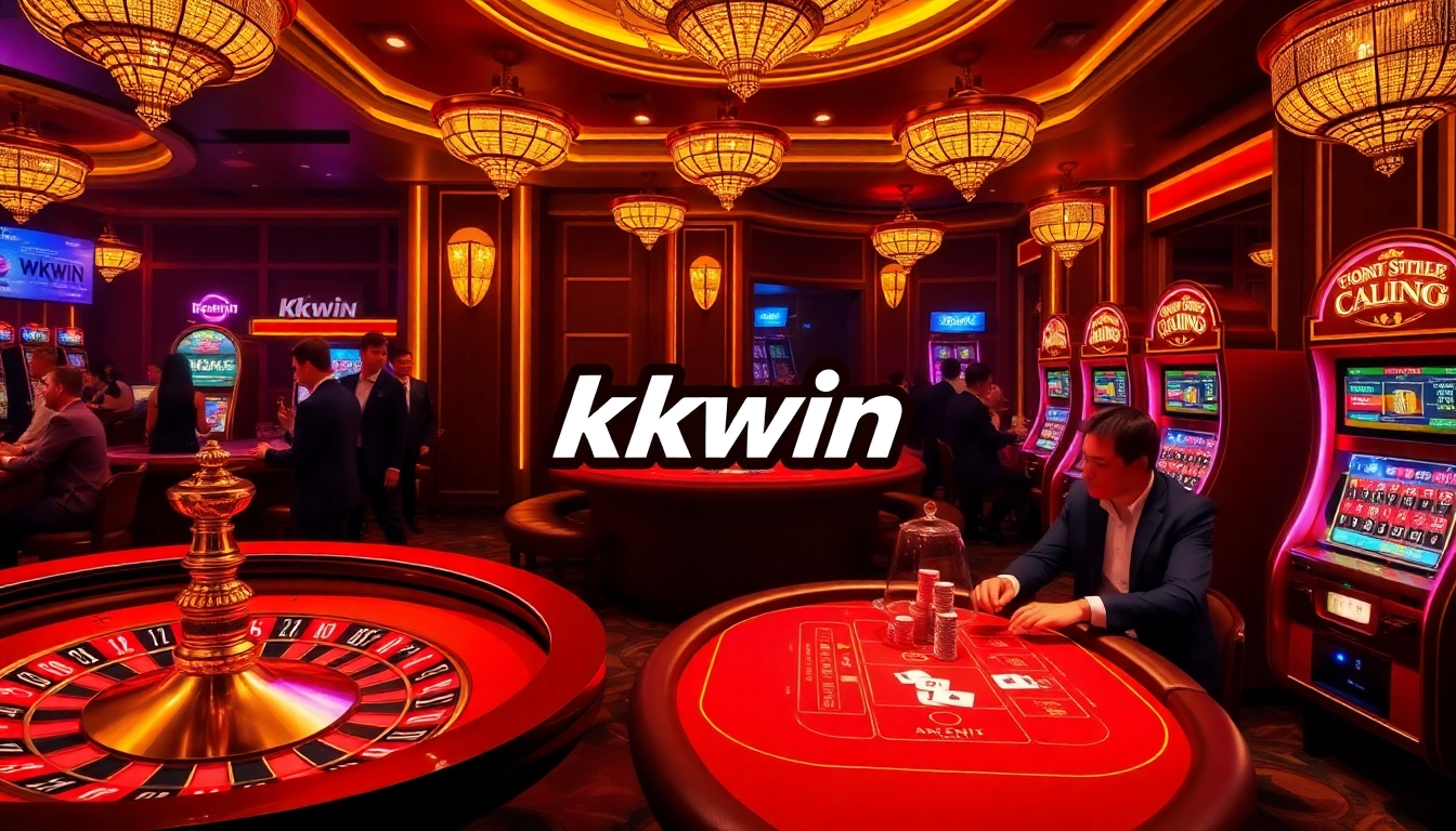 Kkwin casino excitement with players at poker tables and vibrant slot machines.
