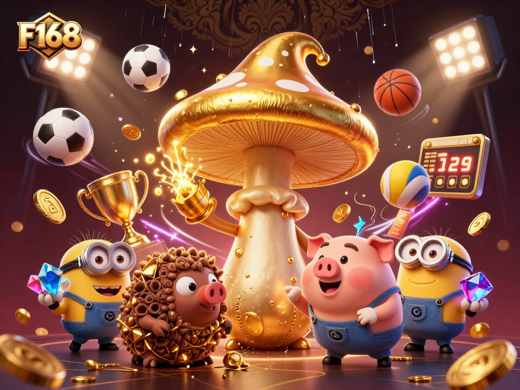 Experience the excitement of F168 with a magical golden wizard amidst sports betting elements.