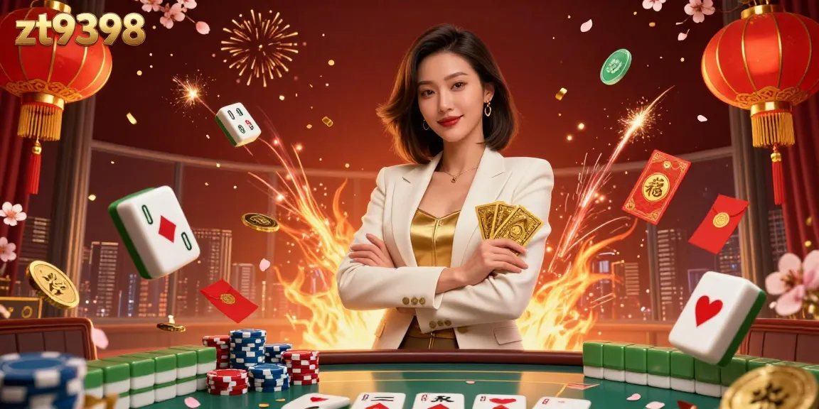 Join the excitement at zt9398, featuring an elegant casino scene with a powerful business-woman surrounded by dynamic gaming elements.