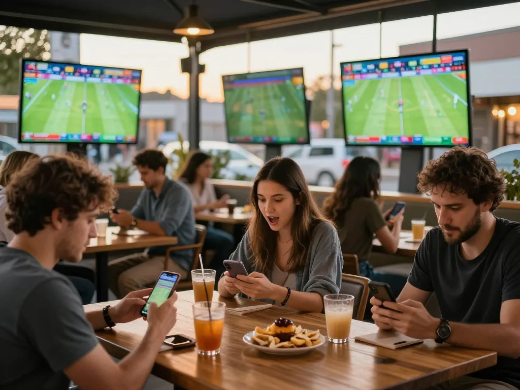Bongdalu users engaging in live sports betting through mobile devices in a lively outdoor café setting.