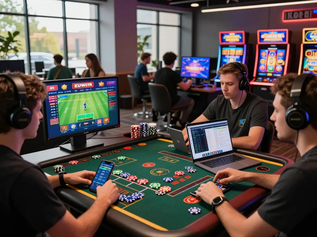 Kuwin online gaming platform showcasing players enjoying sports betting and casino games in a vibrant digital environment.