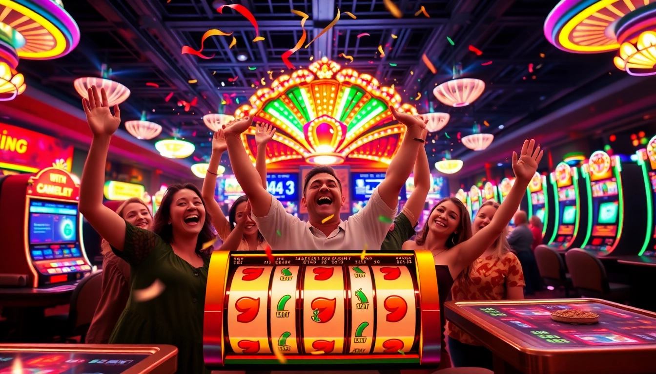 Players enjoy thrilling moments at an online casino with colorful slot machines and lively decorations.