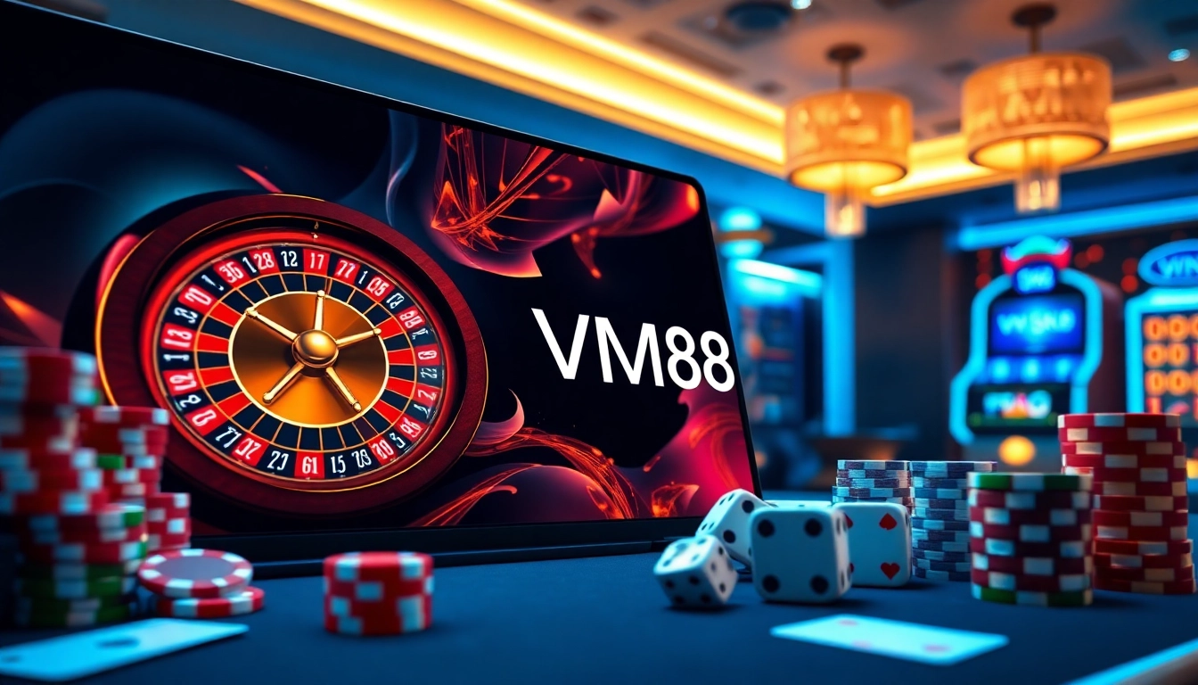 Experience VM88’s professional roulette wheel and lively poker chips showcasing premium online casino gameplay