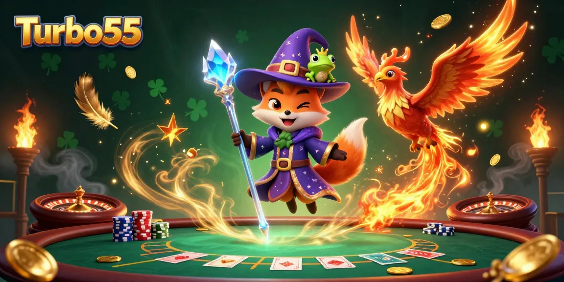 Engage in the thrilling Turbo55 casino experience with vibrant characters and poker gameplay.
