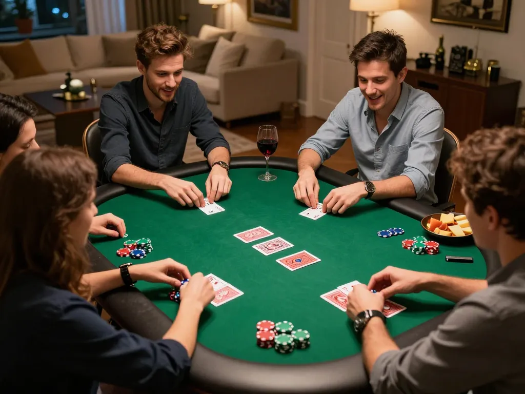 Players at a poker night table strategizing with chips and cards in a friendly slot 5k game atmosphere.
