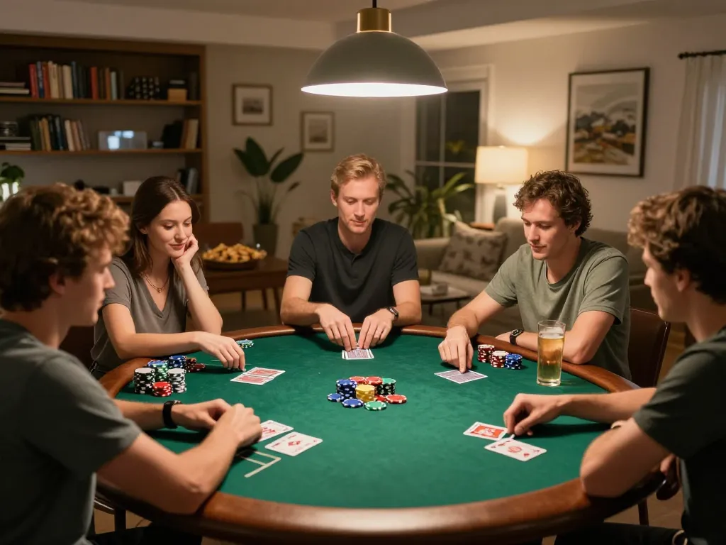 Engaging scene of players at home enjoying a poker game while discussing 789f đăng nhập strategies.
