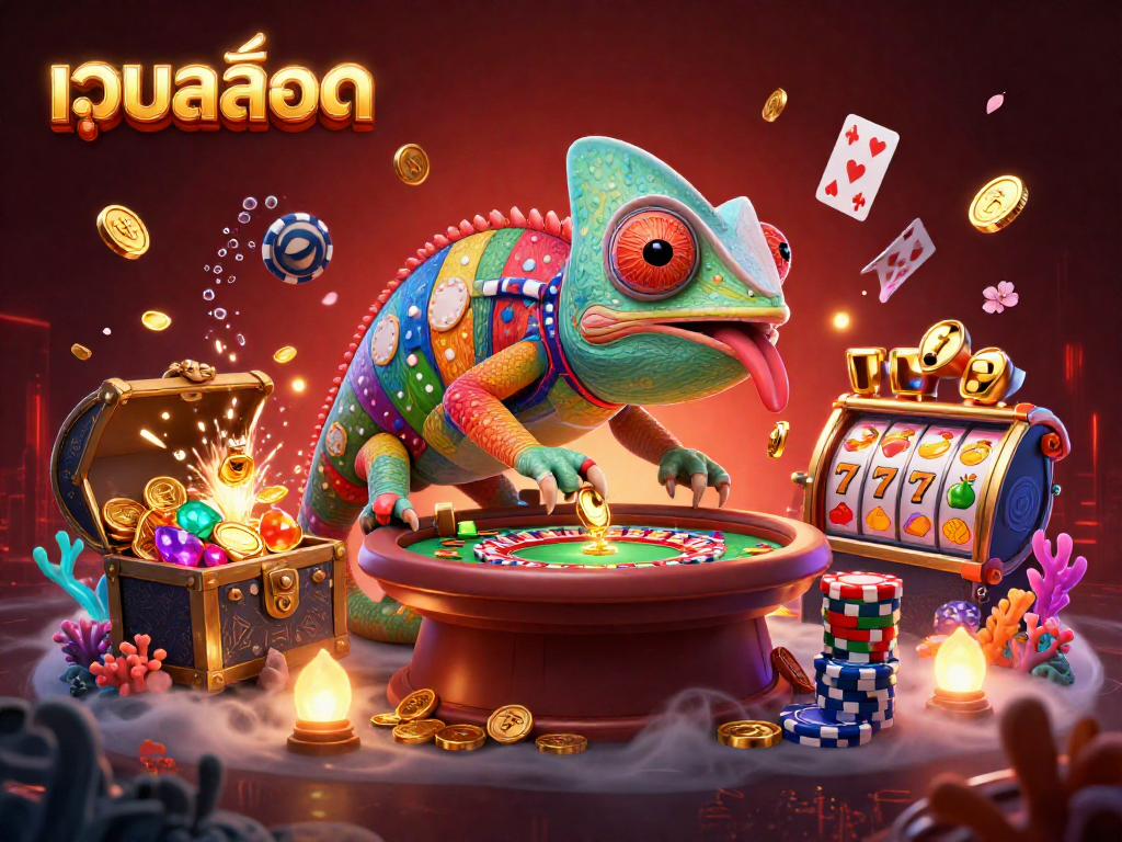 Engage with เว็บสล็อต as the chameleon casino owner captures golden coins amidst vibrant gaming elements.