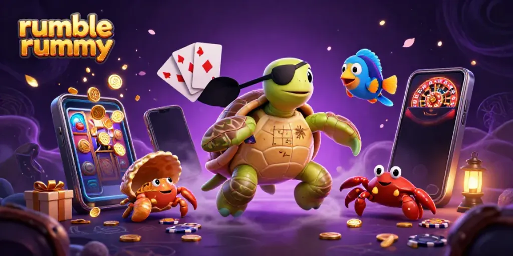 Engage with Rumble Rummy through fun-filled imagery of a pirate turtle and friends amidst captivating gambling elements.